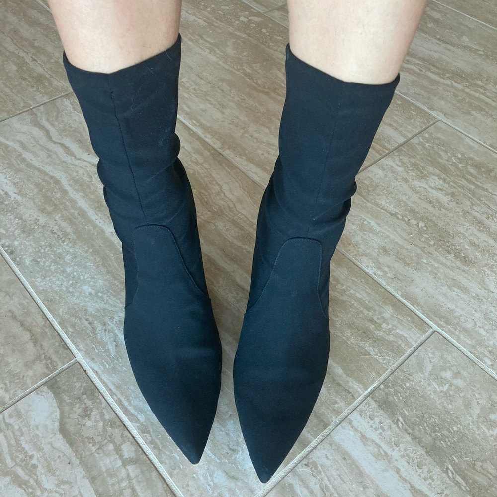 Stuart Weitzman Axiom bootie heels, size 8 / 41. Black pointed toe sock booties.